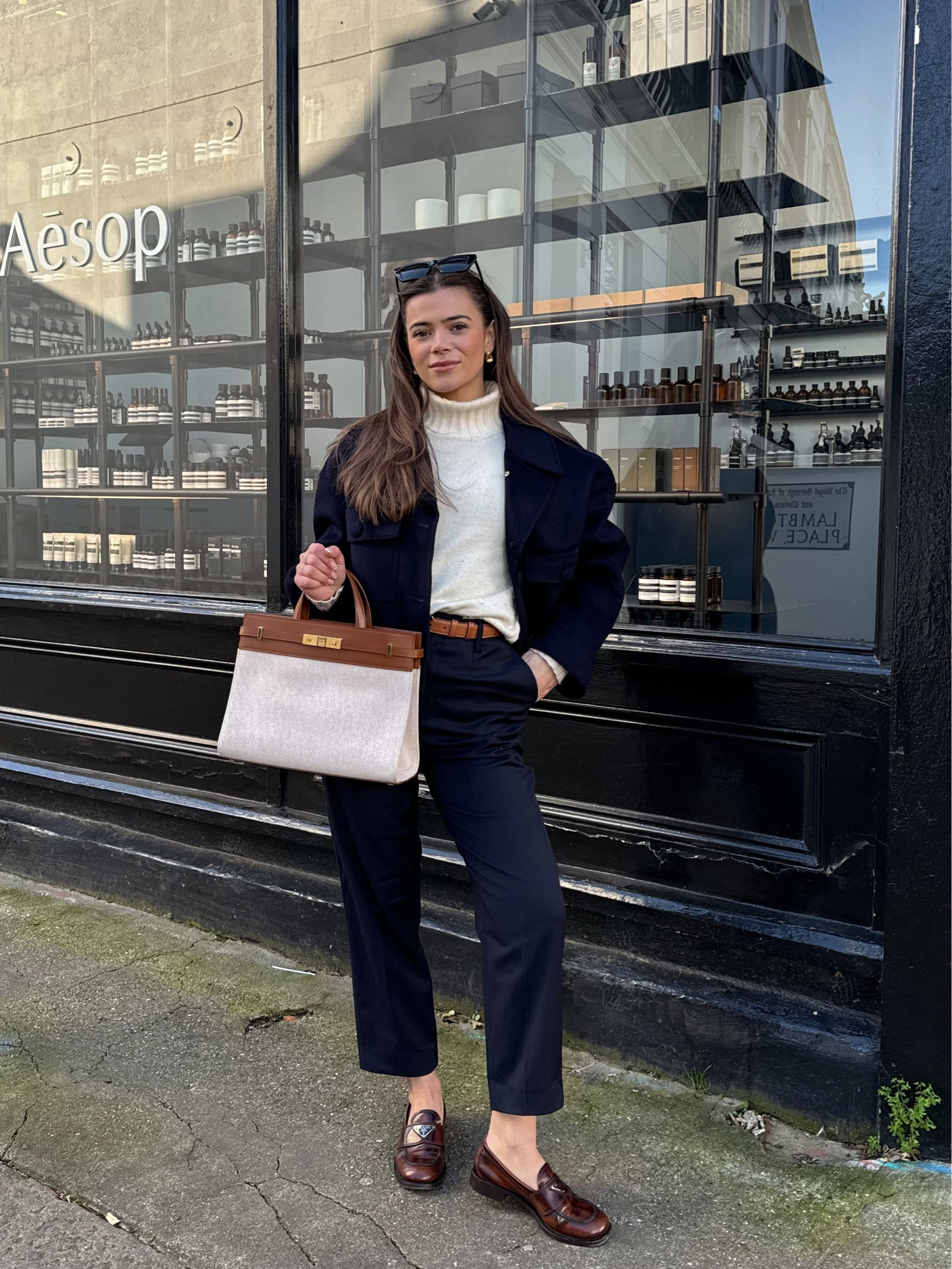 Knit turtleneck jumper, ankle trousers, wool jacket, brown leather belt, brown loafers, sunglasses black, gold hoop earrings 

#LTKstyletip #LTKeurope #LTKSeasonal