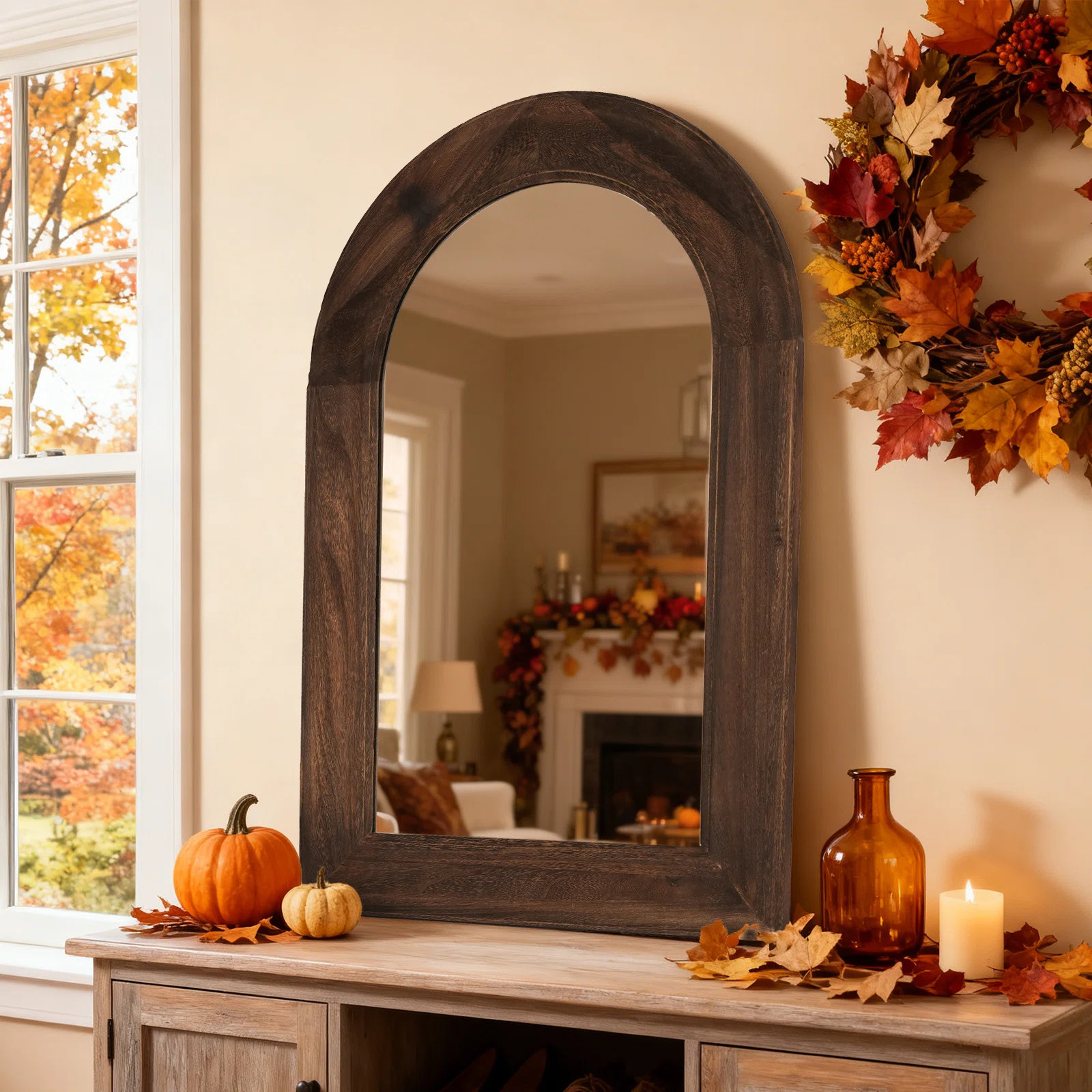 Elegant Arch Wall Mirror With Pine Wood Frame - Washed White And Dark Brown Colours, Versatile Wa... | Wayfair North America