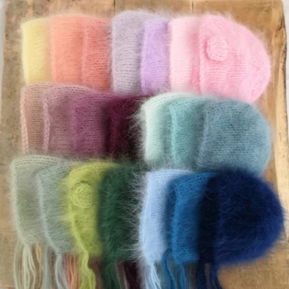 Fluffy sitter bonnet hand knit in angora yarn baby boys and girls 6 to 9 months pinks blues paste... | Etsy (US)