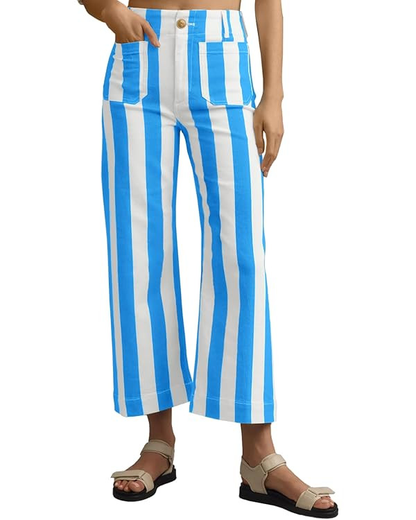 Tankaneo Womens Cropped Striped Jeans Casual High Waisted Stretchy Straight Leg Denim Pants with ... | Amazon (US)