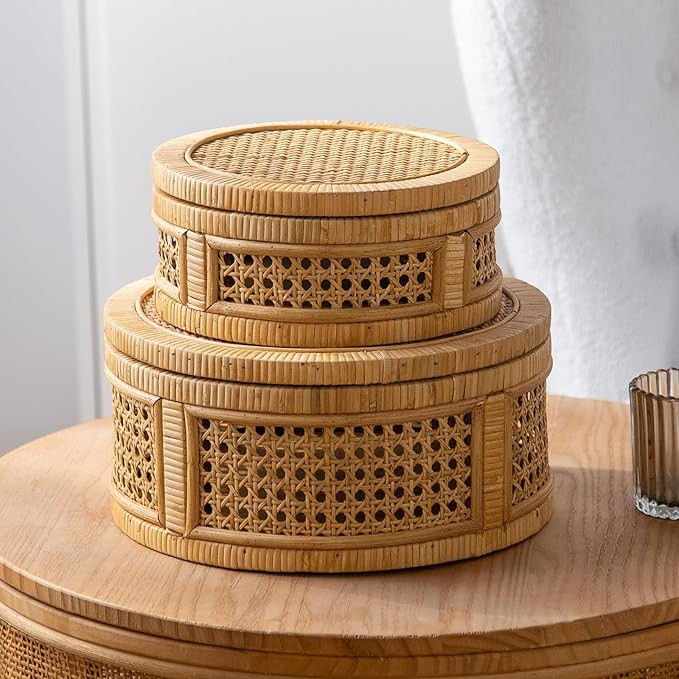 Rattan Decorative Box, Boho Decorative Boxes with Lids, Set of 2 Round Farmhouse Wicker Storage B... | Amazon (US)