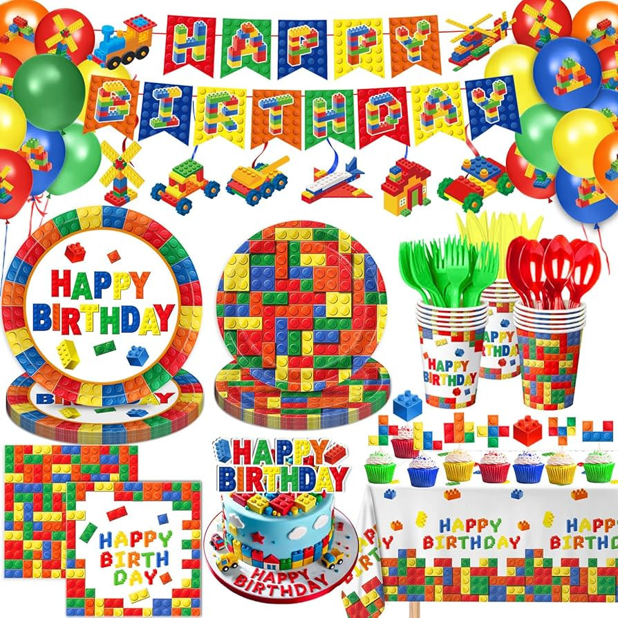 173 PCS Building Block Birthday Party Decorations - Plates, Napkins, Cups, Cutlery, Cake & Cupcak... | Amazon (US)