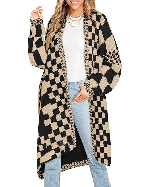Saodimallsu Womens Checkered Long Cardigans Chunky Oversized Open Front Batwing Sleeve Color Bloc... | Amazon (US)
