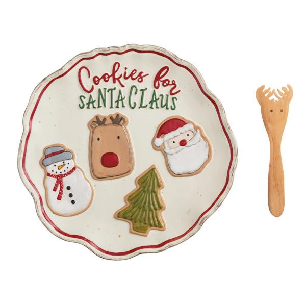 Mud Pie Christmas Cookie Plate Set in Beige/khaki | Stoneware | Mud Pie