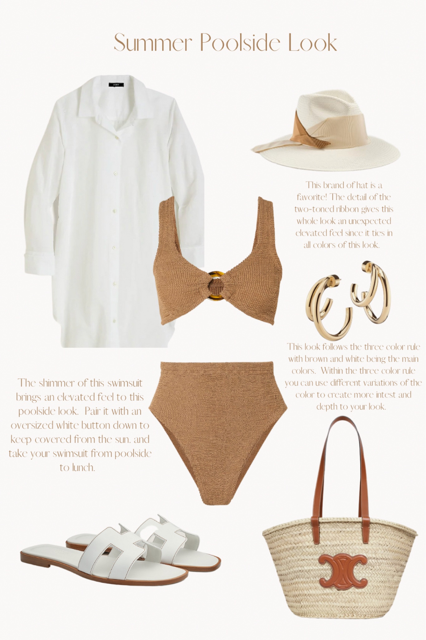 Summer poolside and beachside look. Metallic shimmer cocoa color swimsuit with white shirtdress, white sandals, two toned fedora hat, basket bag. 
White dress, swim, swimsuit, dress, summer dress
#LTKtravel #LTKitbag #LTKshoecrush #LTKsalealert #LTKunder50 #LTKunder100

#LTKSeasonal #LTKstyletip #LTKswim