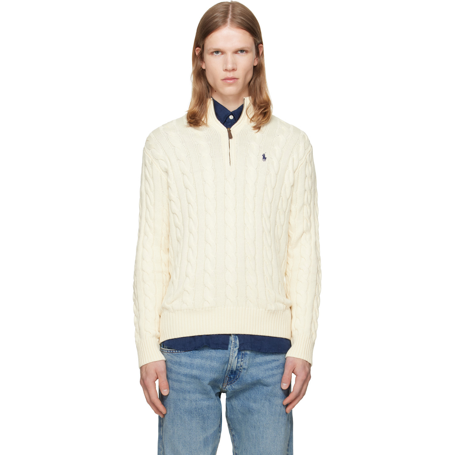 Polo Ralph Lauren Off-White Cable-Knit Cotton Quarter-Zip Sweater | SSENSE