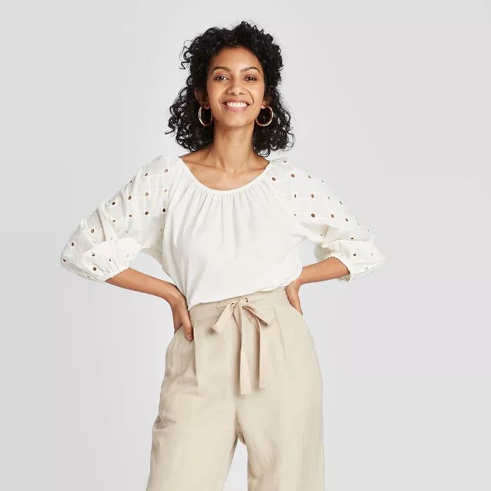 Women's Long Sleeve Eyelet Peasant Top - A New Day™ | Target