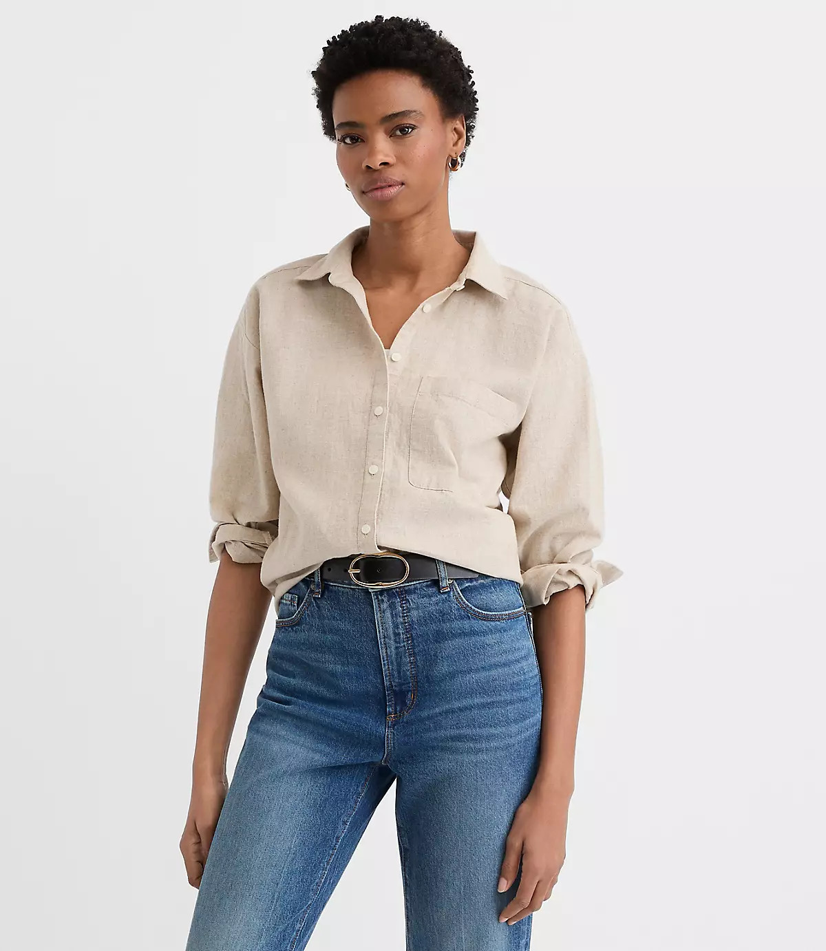 Crosshatch Linen Cotton Everyday Oversized Pocket Shirt | LOFT