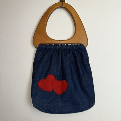 Vintage 60’s Handmade Denim Purse Heart Wooden Handel Plaid Interior MCM Blue  | eBay | eBay US