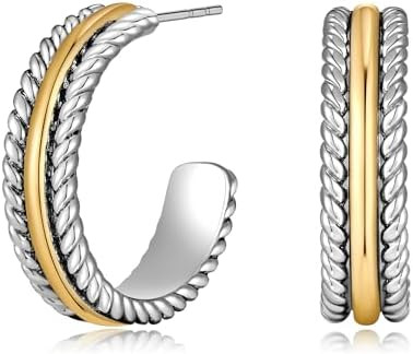 Two Tone Hoop Earrings for Women Silver and Gold Plated Twisted Cable Open C Hoops Chic Hypoaller... | Amazon (US)