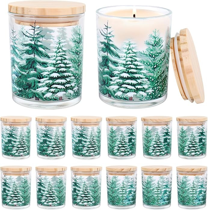 Whaline 12Pcs Christmas Empty Candle Jar with Wooden Lid Xmas Tree Glass Candle Container for Can... | Amazon (US)