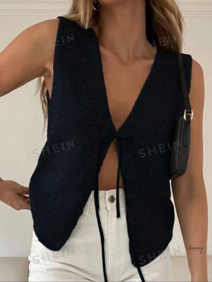 SHEIN Essnce Women's Solid Color Minimalist Sleeveless Knit Top , Black Vest | SHEIN
