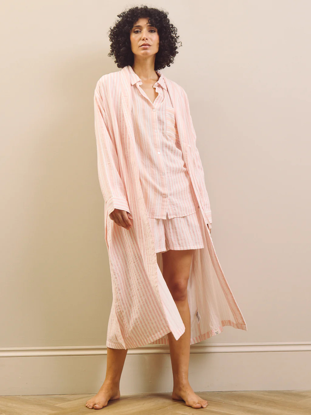 Baby Pink Multi Stripe Gauze Grandpa Dressing Gown | Their Nibs UK