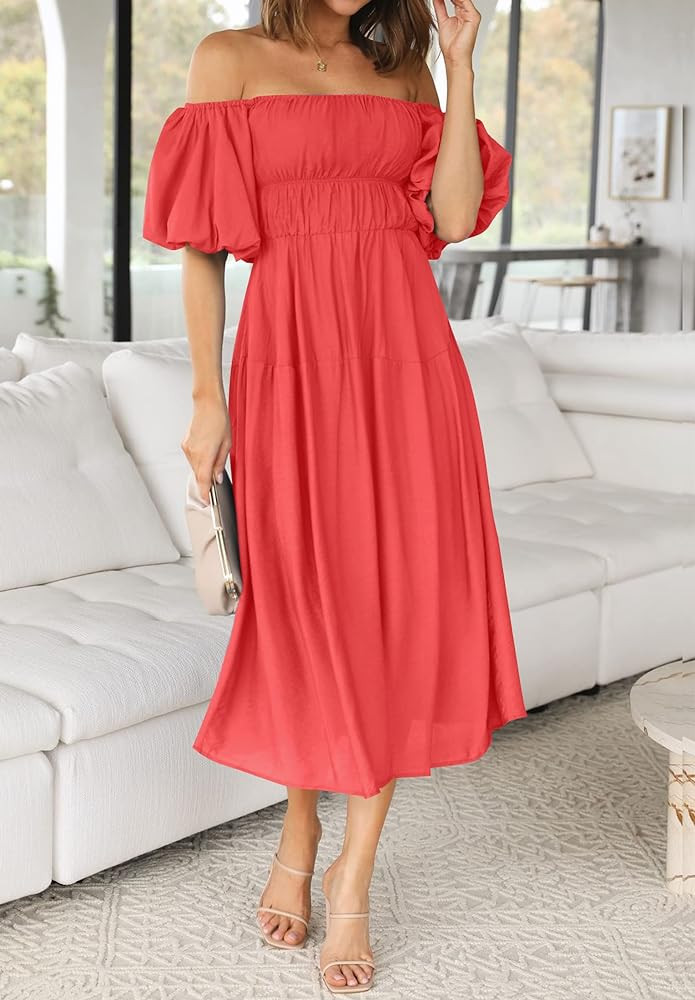 ZESICA Women's 2023 Sexy Boho Off Shoulder Puff Short Sleeve High Waist Ruffled Flowy A Line Beach P | Amazon (US)