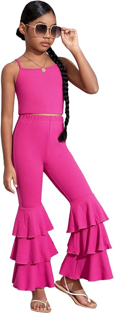 WDIRARA Toddler Girl's 2 Piece Set Sleeveless Cami Top With Ruffle Trim Flare Leg Pants | Amazon (US)