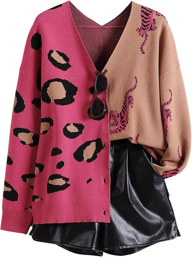 SHENHE Women's Color Block Button Down Animal Print Cardigan V Neck Leopard Sweater Coat | Amazon (US)