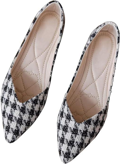 Yuwentai Women's Pointed Toe Low Block Heel Shoes Elegant Houndstooth Knotted Bow Flats Classic Dress Slip-on Shoes | Amazon (US)