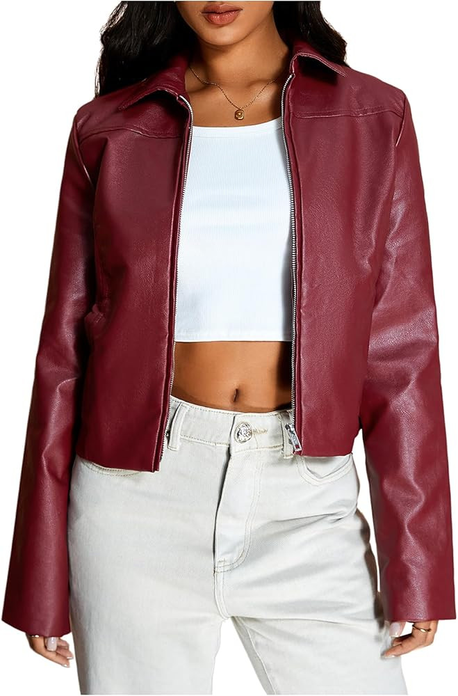 MakeMeChic Women's Crop Faux Leather Jacket Vintage Long Sleeve Collar Zip Up Biker Motorcycle Ja... | Amazon (US)