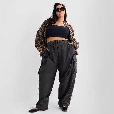Ashley Graham Nylon Utility Womens Plus Cinched Cargo Pant, 4x, Black | JCPenney