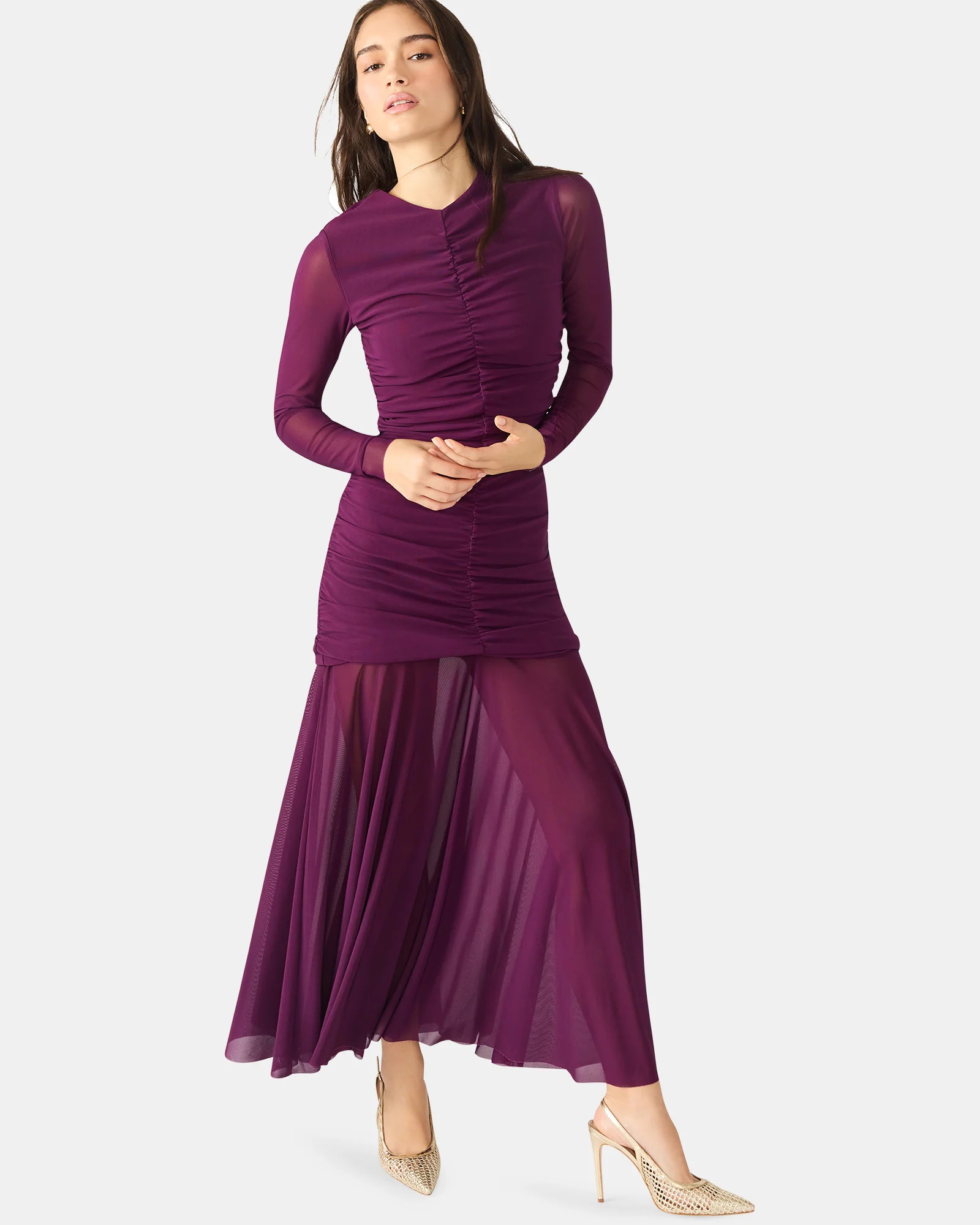 KIARA Beet Long-Sleeved Maxi Mesh Flowy Women's Dress | Steve Madden (US)