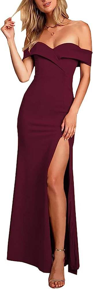 HannahZone Women's Sexy Formal Cocktail Dress Bodycon Off Shoulder V Neck High Slit Party Maxi Dr... | Amazon (US)