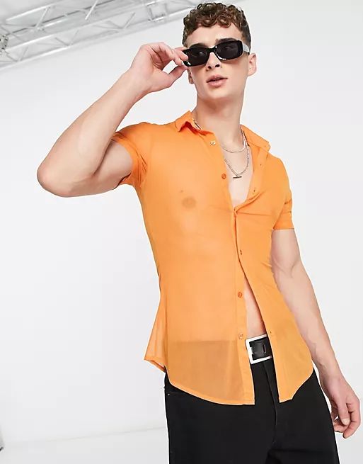 ASOS DESIGN super skinny mesh shirt in bright orange | ASOS (Global)