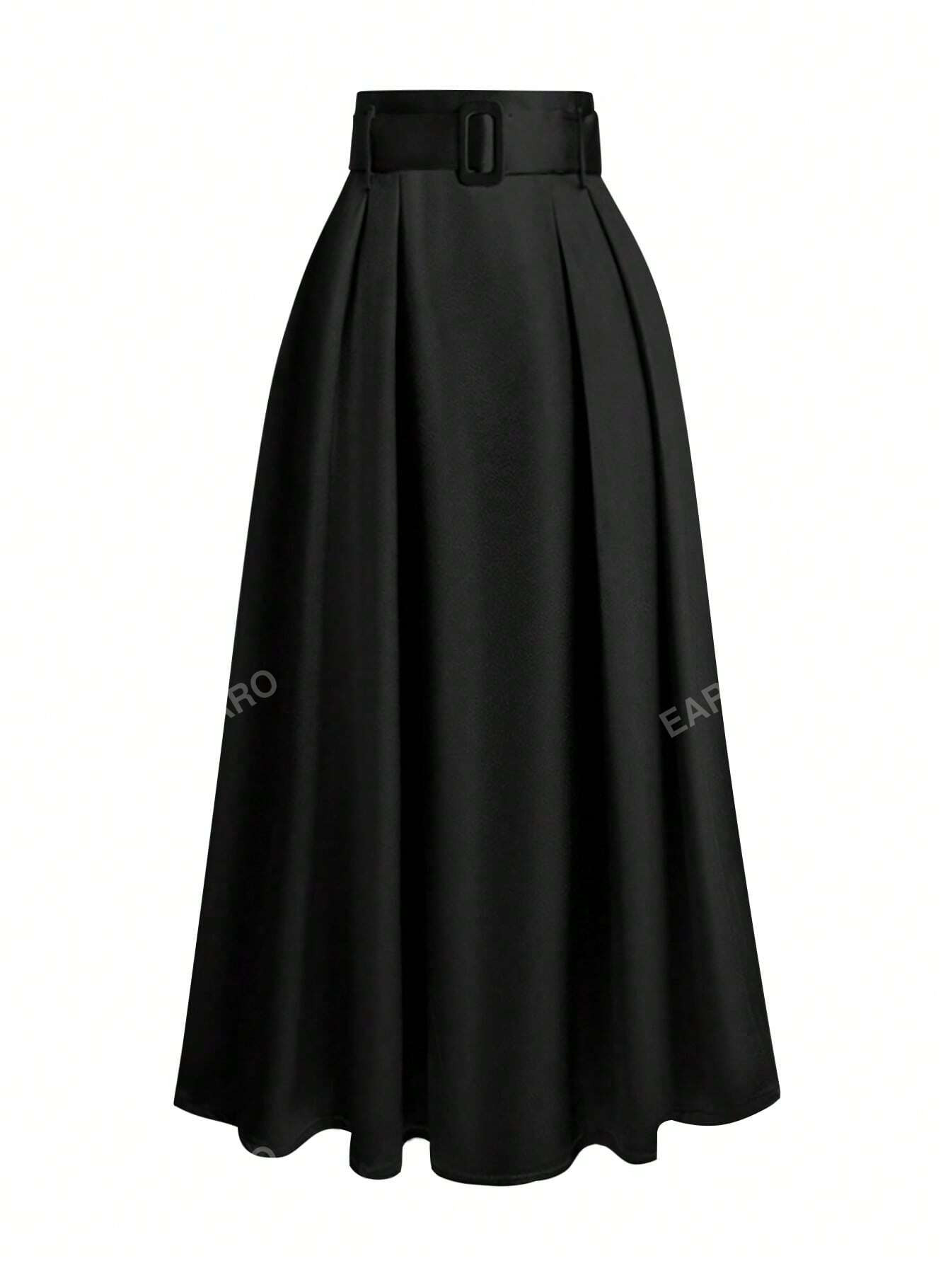 Women's Waist Cinching Skirt,Ladies Elegant Belted,Plicated Long Regular Fit High Waist Black Pla... | SHEIN