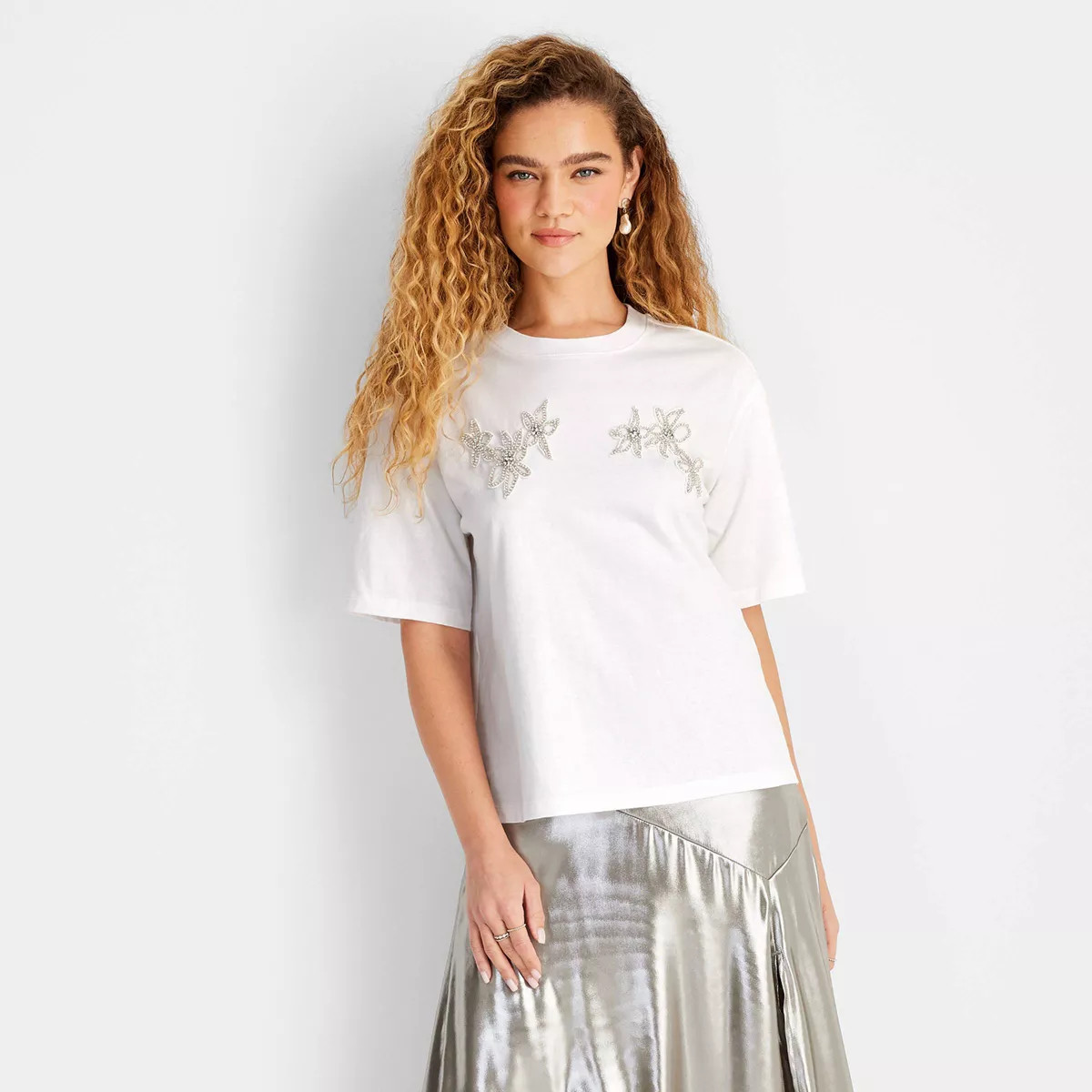 Women's Short Sleeve Embellished T-Shirt - Future Collective White Floral XS | Target