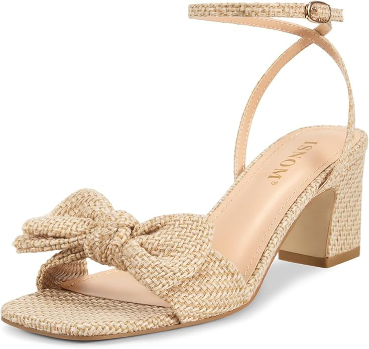 ISNOM Women's Bow Knot Heeled Sandals Ankle Buckle Strap Open Toe Block Chunky Heels Bride Weddin... | Amazon (US)