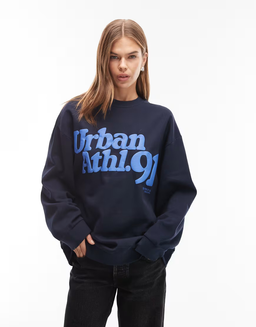 ASOS DESIGN oversized sweat with urban athletic graphic in navy | ASOS (Global)
