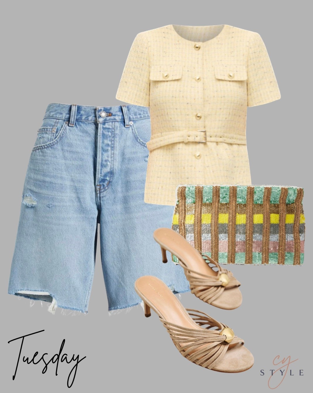 Tuesday OOTD! A little edgy, a little sweet. These Madewell denim shorts are 💯 size down. Just ordered this clutch b/c the colors are beautiful and it goes with everything! ￼

#LTKootd #LTKOver40 #LTKSaleAlert