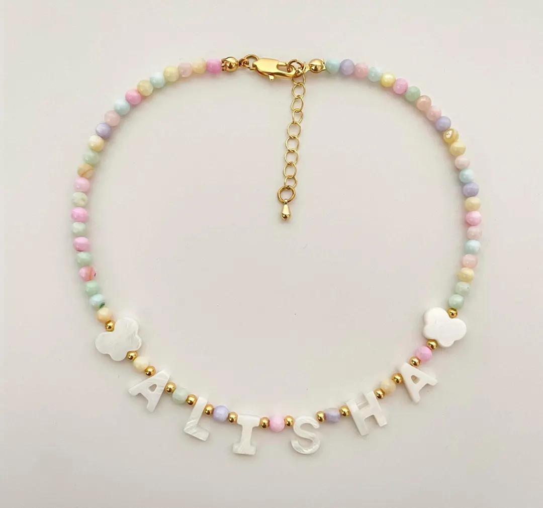 Colorful Custom name necklace, mother of Pearl letter name necklace, kids bright beaded necklace,... | Etsy (US)
