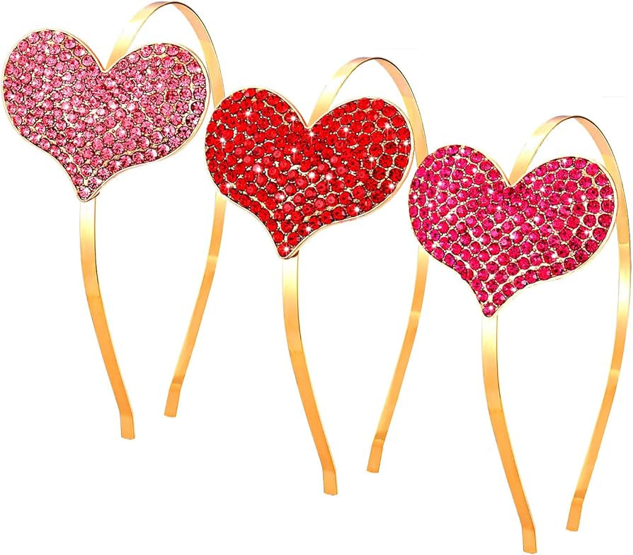 NVENF 3PCS Valentine’s Day Heart Headbands for Women Rhinestone Glitter Heart Hairband Wedding ... | Amazon (US)