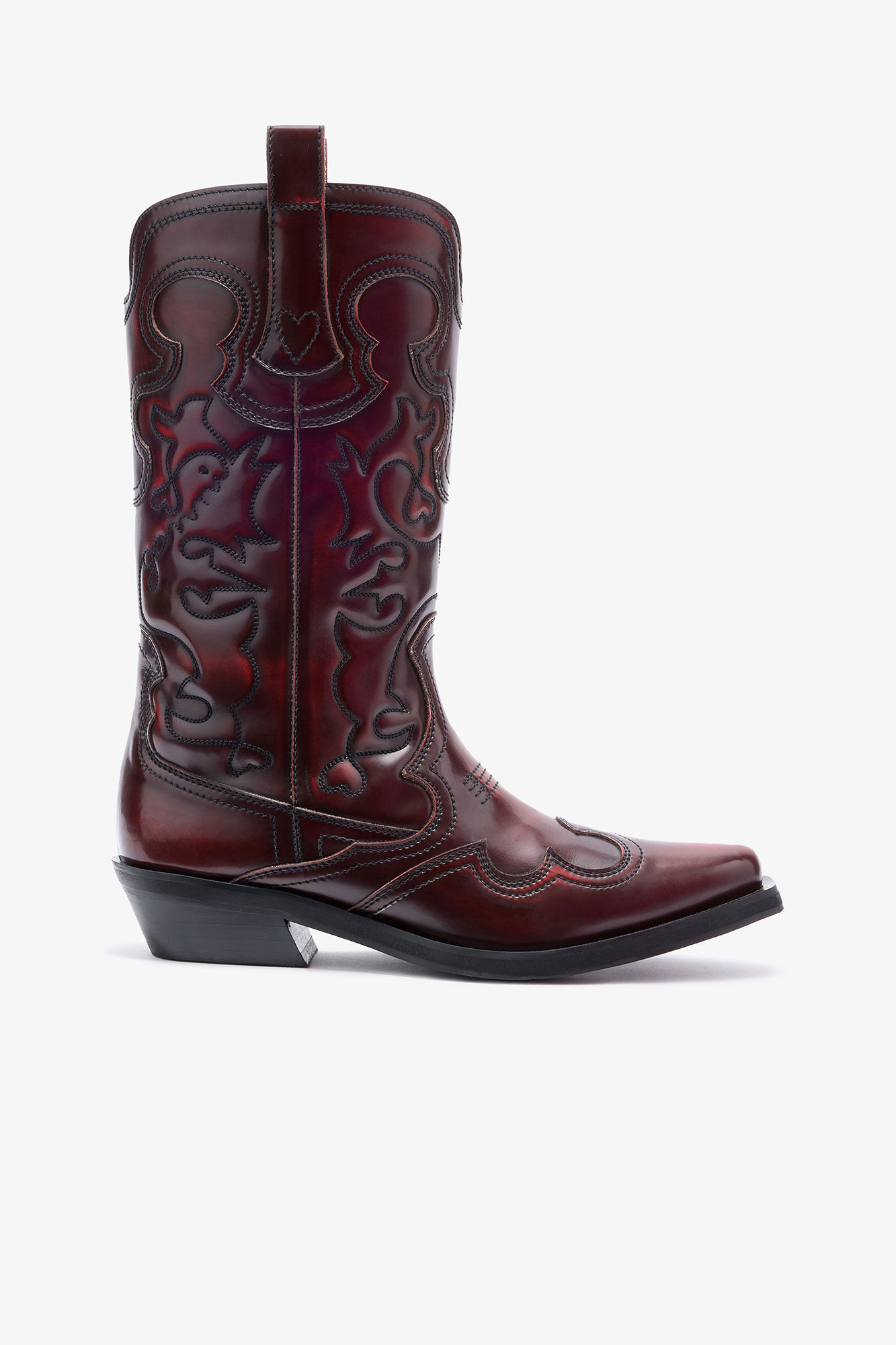 Mid Shaft Embroidered Western Boots in Burgundy | Ganni