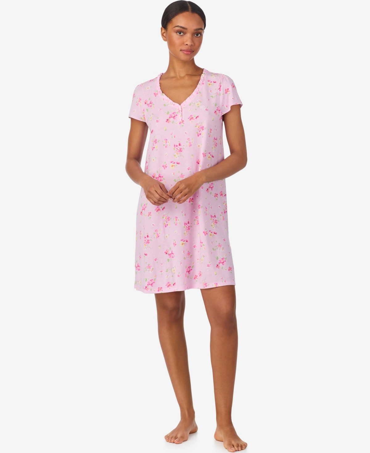 Lauren Ralph Lauren Women's Short-Sleeve Ruffle V-Neck Sleep Gown - Pink Floral | Macy's