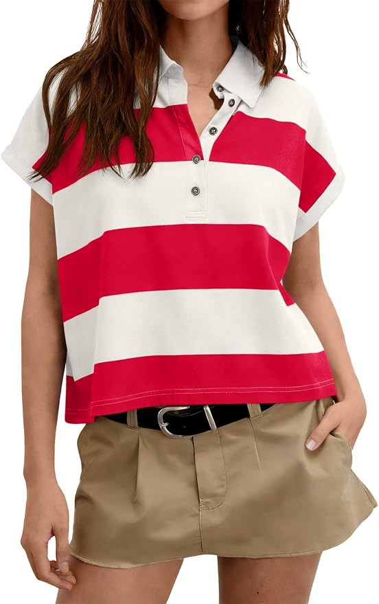 Tankaneo Womens Striped Polo Shirts Summer Short Sleeve Rugby Shirt Oversized Cotton Collared Cas... | Amazon (US)