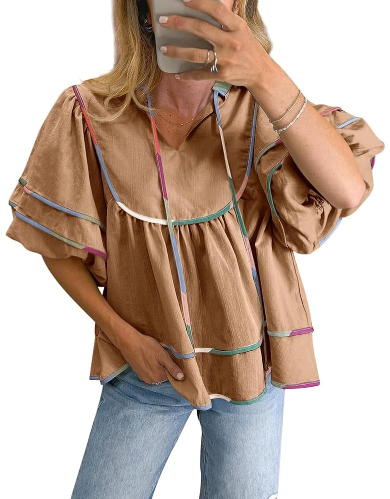 Cicy Bell Womens Summer Babydoll Tops V Neck Short Lantern Sleeve Shirts Cute Loose Fit Peplum Fl... | Amazon (US)