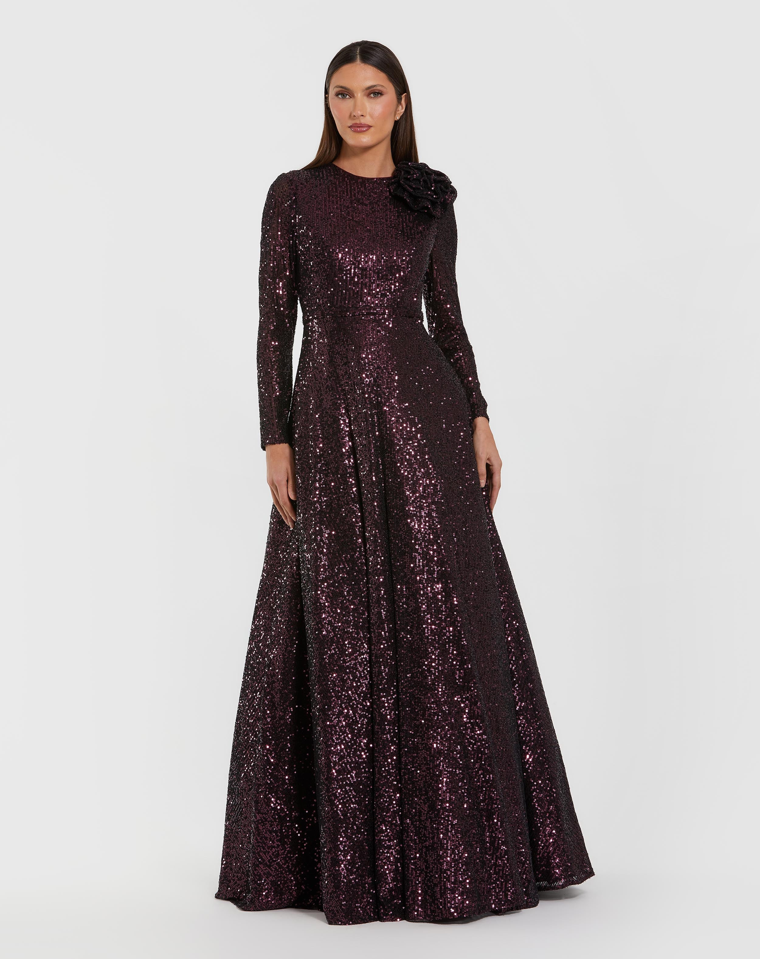 Dark Purple Long Sleeve Sequin Ball Gown With 3D Flower | Mac Duggal | Mac Duggal