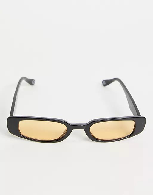 ASOS DESIGN 90s skinny rectangle sunglasses in black with amber lens | ASOS (Global)