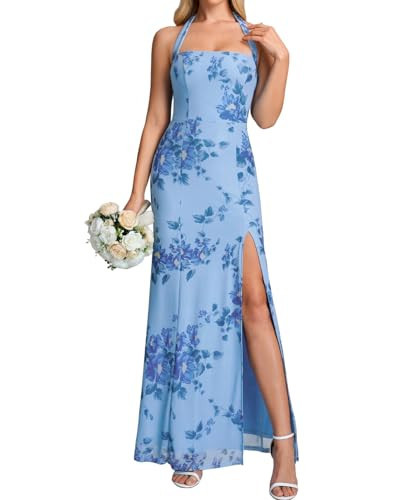 XinFSh Women's Halter Wedding Guest Maxi Dress Floral Mesh Bodycon High Slit Long Formal Cocktail Party Dresses 2026 Bluefloral | Amazon (US)
