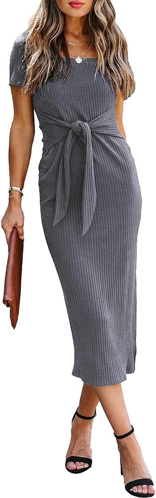 Dokotoo Women's Casual Elegant Scoop Neck Short Sleeve Bodycon Tie Waist Cocktail Dress | Amazon (US)