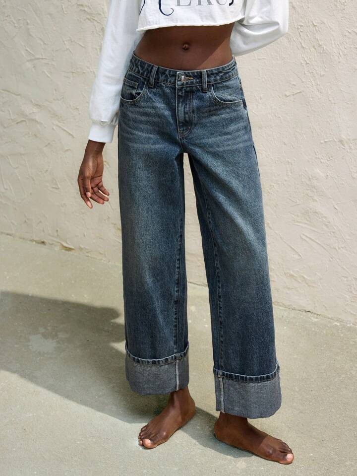 Maija Women's Jeans Retro Gray Blue Straight Leg Ninth Pants Turn-Down Cuffs Casual And Versatile | SHEIN