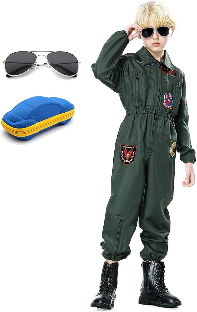 Hnokle Gun Costume Gun Fighter Suit Costume Air Force Cosplay Jumpsuit with Sunglasses Glasses Ca... | Amazon (US)