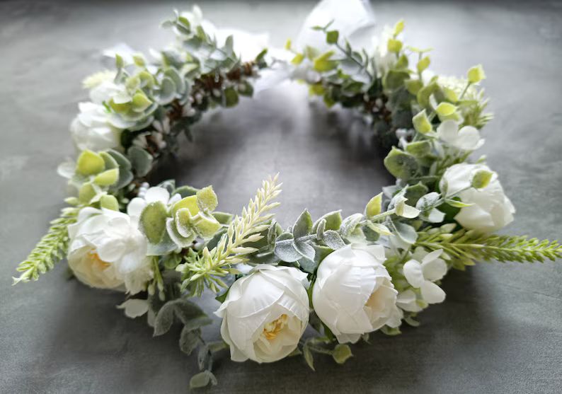 Dog Wedding Flower Collar, Faux Greenery and Silk Flowers Wedding Wreath, White Flower Crown, Flo... | Etsy (US)
