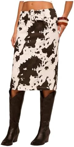 Floerns Women's Western Cow Print Midi Skirt Low Rise Music Festival Skirts with Belt | Amazon (US)