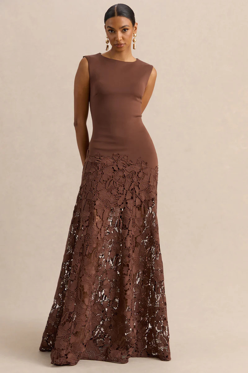 Calune  Brown Lace Wide-Neck Maxi Dress | Club L London