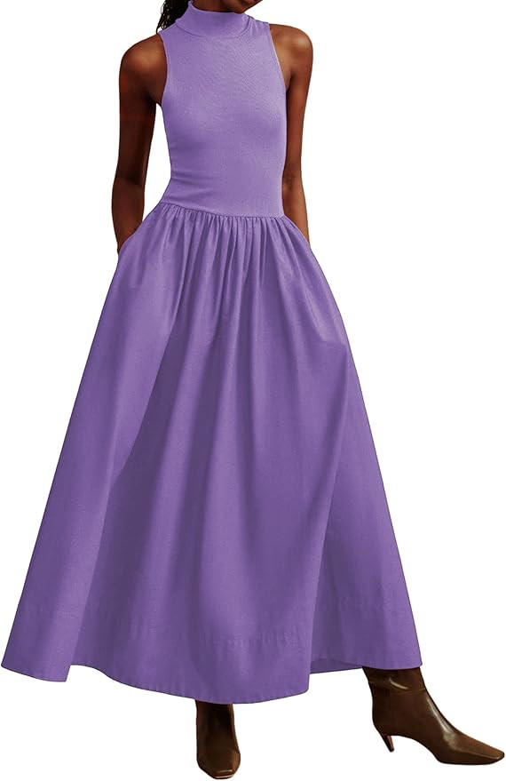 Lauweion Women's Summer Sleeveless Mock Neck Maxi Dresses Patchwork Casual Flowy Drop Waist Dress... | Amazon (US)