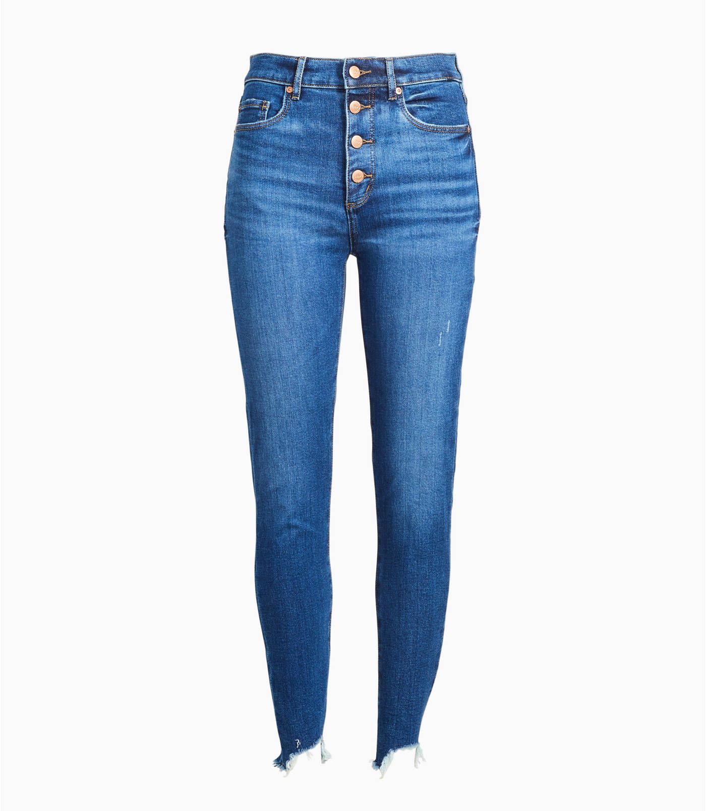 High Rise Button Front Chewed Hem Skinny Jeans in Rich Authentic Indigo Wash | LOFT | LOFT