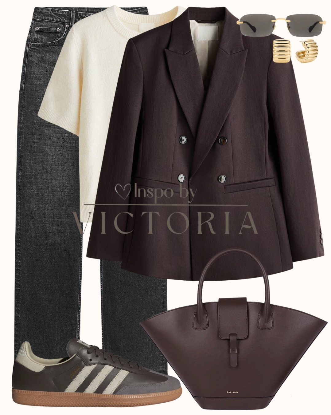 Chocolate brown + cream = effortless chic🤎

This look is giving elevated everyday: a structured mocha blazer layered over a soft knit, washed black straight-leg denim, and retro-inspired sneakers for that cool-girl balance. Finished with gold accents, sleek sunnies, and the dreamiest structured tote.☕️

#LTKStyle #NeutralOutfit #EverydayChic #CapsuleWardrobe

#LTKgrwm #LTKootd #LTKSaleAlert