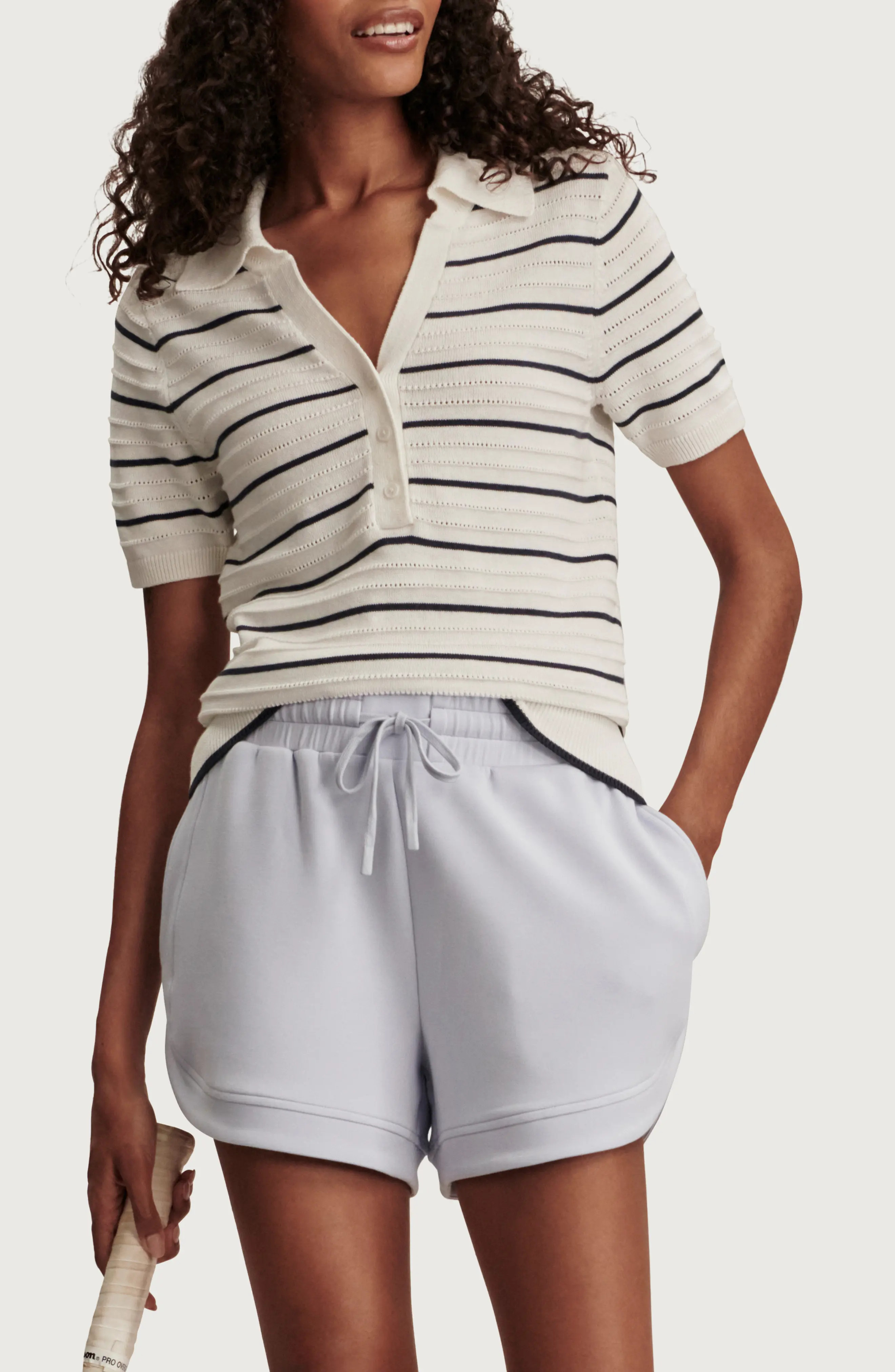 Varley Wren Stripe Cotton Blend Pointelle Polo Sweater (Women) | Nordstrom | Nordstrom